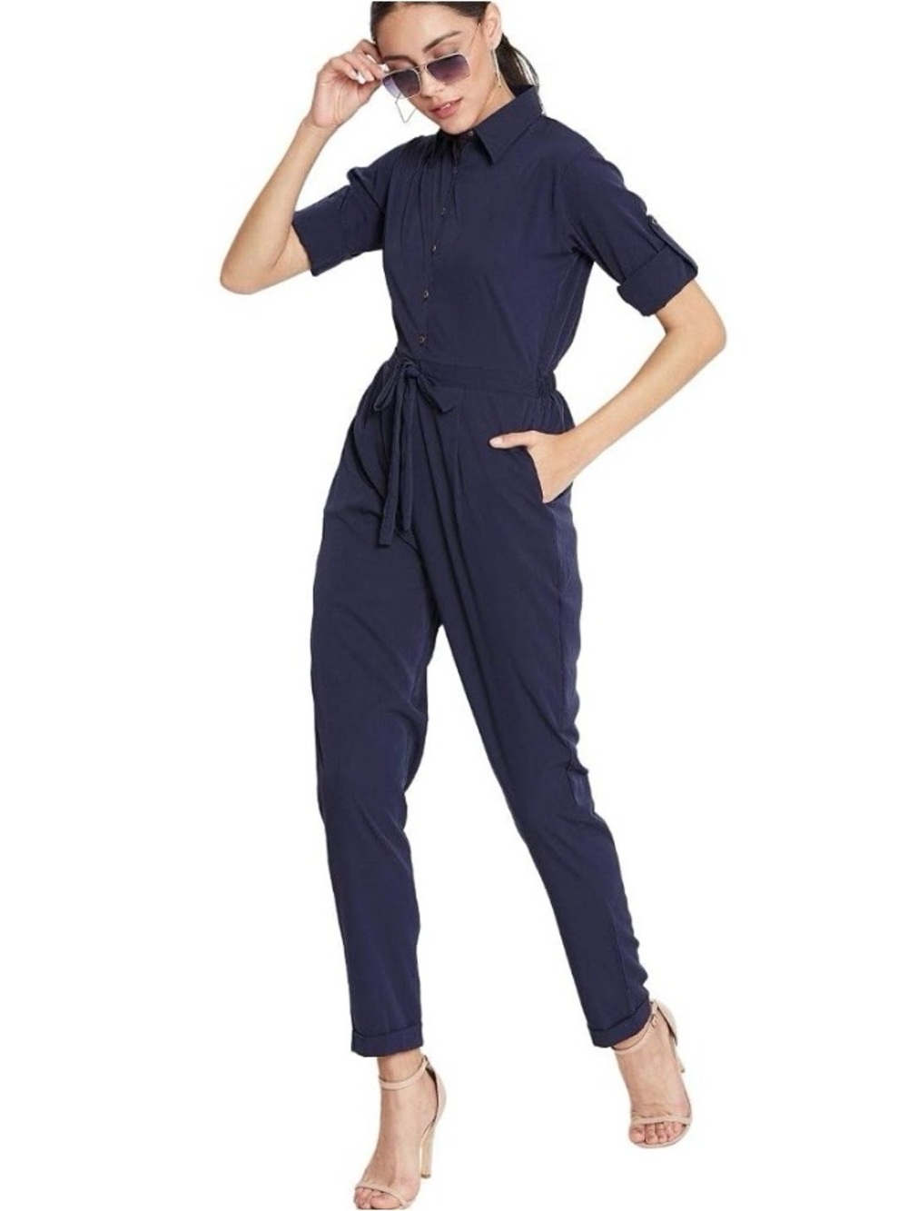 744.  Uptownie Lite Navy Blue Crepe Roll-Up Jumpsuit. NWT!